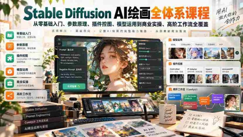 一站式掌握】零基础学Stable Diffusion AI绘画，全面覆盖参数原理、插件操控、模型应用及商业实战技巧-湘创网
