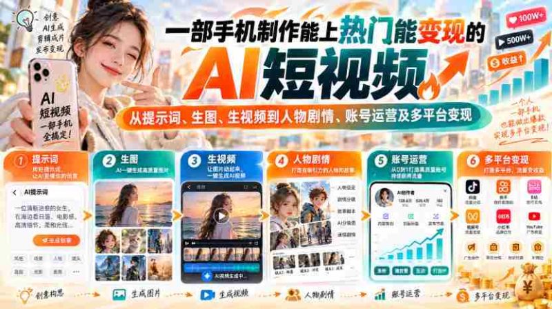 【无水印】一部手机制作能上热门能变现的AI短视频，从提示词、生图、生视频到人物剧情、账号运营及多平台变现-湘创网