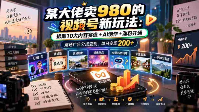 揭秘大佬980元视频号创新玩法:全方位解析内容矩阵+智能AI助力,轻松涨粉增收,广告分成变现每日可达200元-湘创网