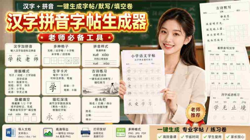 学习神器,汉字拼音字帖生成器,汉字+拼音 一键生成字帖/默写/填空卷,支持词组、成语,老师、家长必备-湘创网
