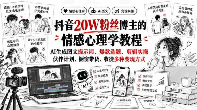 揭秘抖音20万粉丝达人：深度解析情感心理学课程，AI打造图文攻略、热门选题、剪辑技巧，全方位解析伙伴计划、橱窗销售、收徒赚钱多途径-湘创网