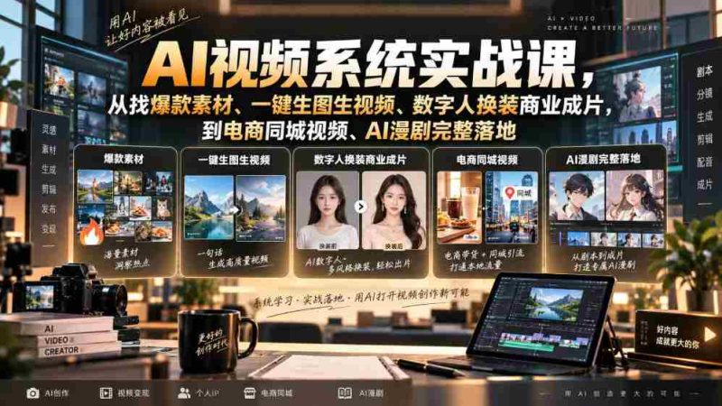 AI视频系统实战课,从找爆款素材、一键生图生视频、数字人换装商业成片,到电商同城视频、AI漫剧完整落地-湘创网