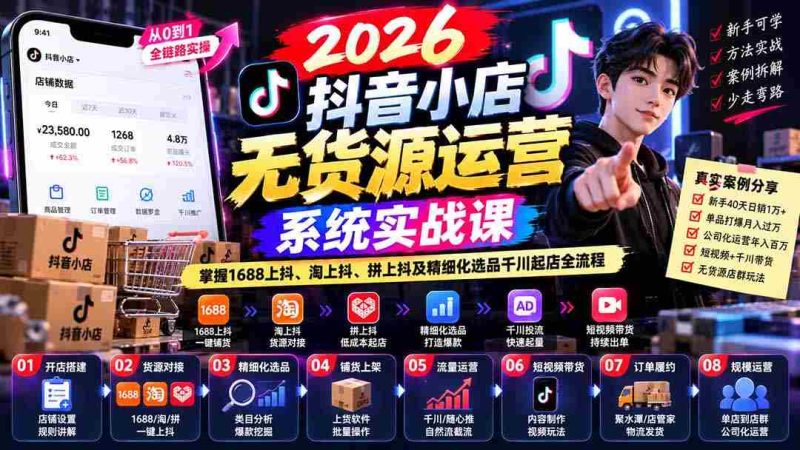 2026抖音店铺无货源运营攻略：全解析1688跨平台抖音营销、淘宝抖音融合、拼多多抖音联动及精准选品与千川开店技巧-湘创网