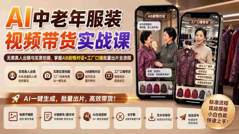(20198期)AI中老年服装视频带货实战课:无需真人出镜与实景拍摄,掌握AB剧情对话+工厂口播批量出片全流程-湘创网