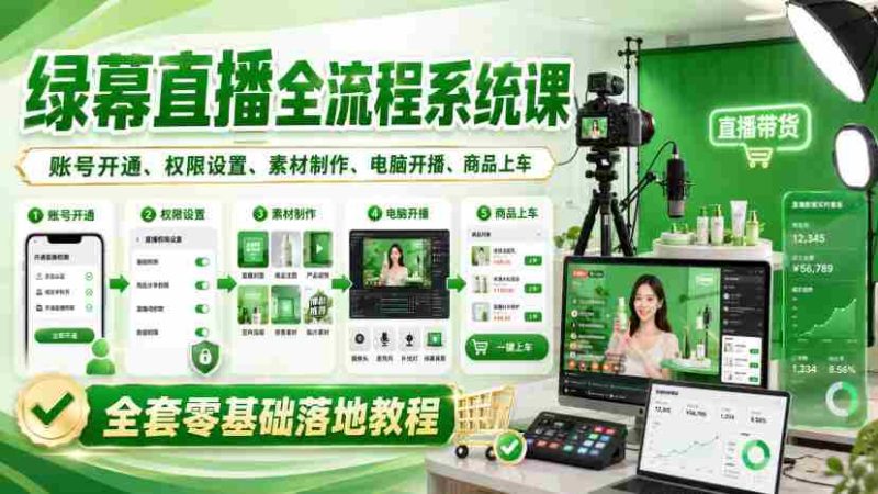 绿幕直播全流程系统课,账号开通、权限设置、素材制作、电脑开播、商品上车全套零基础落地教程-湘创网