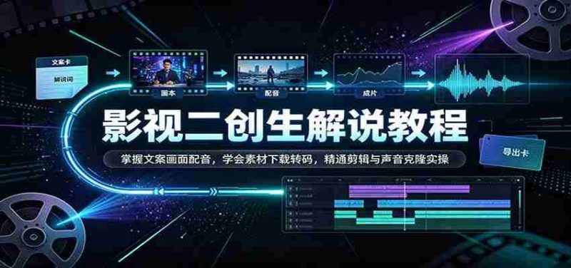 影视二创解说教程：掌握文案画面配音，学会素材下载转码，精通剪辑与声音克隆实操-湘创网