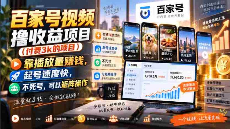百家号视频撸收益项目(付费3k的项目),靠播放量賺钱,起号速度快,不死号,可以矩阵操作-湘创网