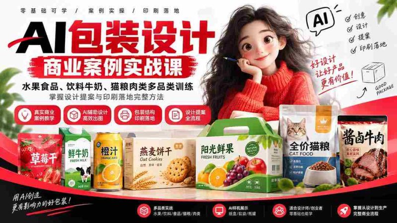 AI包装设计商业案例实战课：水果食品、饮料牛奶、猫粮肉类多品类训练，掌握设计提案与印刷落地完整方法-湘创网