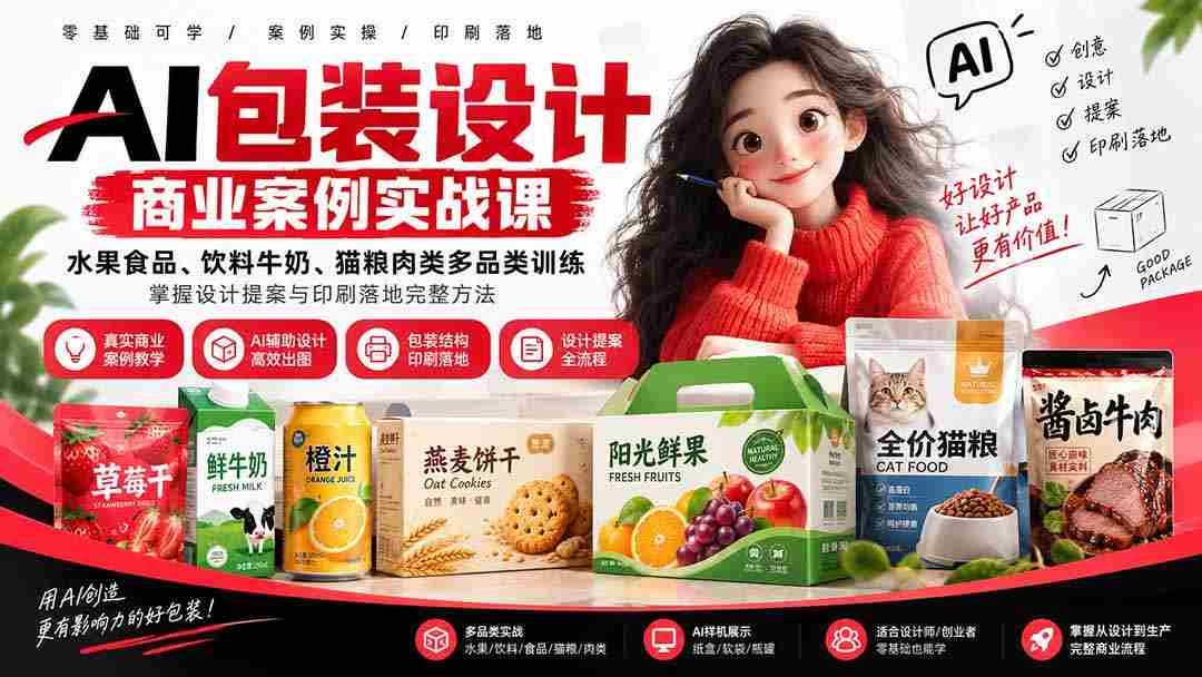AI包装设计商业案例实战课：水果食品、饮料牛奶、猫粮肉类多品类训练，掌握设计提案与印刷落地完整方法-湘创网
