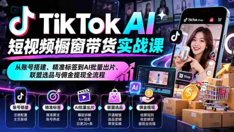 TikTok AI短视频橱窗带货实战课:从账号搭建、精准标签到AI批量出片、联盟选品与佣金提现全流程-湘创网