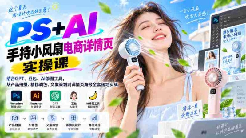 PS+AI手持小风扇电商详情页实操课|结合GPT、豆包、AI修图工具,从产品拍摄、精修调色、文案策划到详情页海报全套落地实战-湘创网