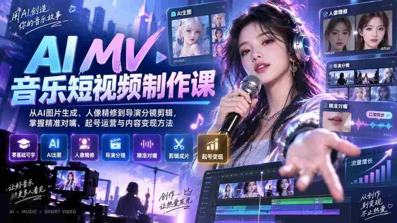 (20364期)AI MV音乐短视频制作课:从AI图片生成、人像精修到导演分镜剪辑,掌握精准对嘴、起号运营与内容变现方法-湘创网