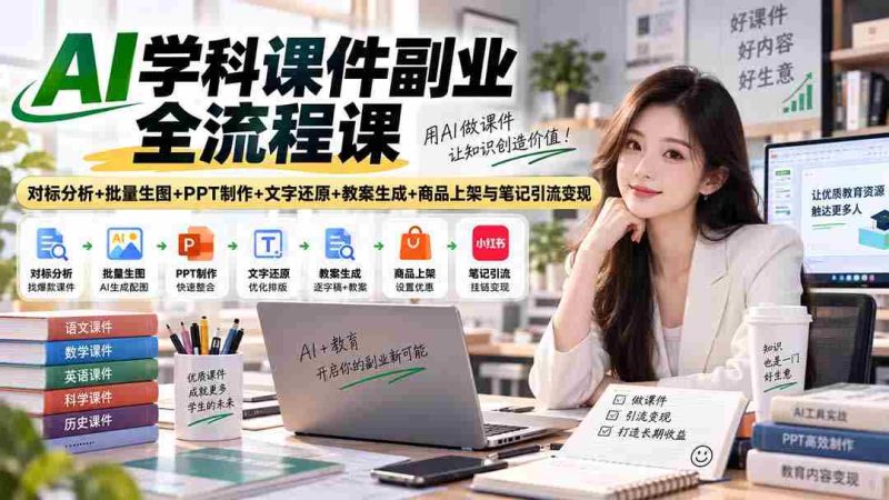 AI学科课件副业全流程课|对标分析+批量生图+PPT制作+文字还原+教案生成+商品上架与笔记引流变现-湘创网