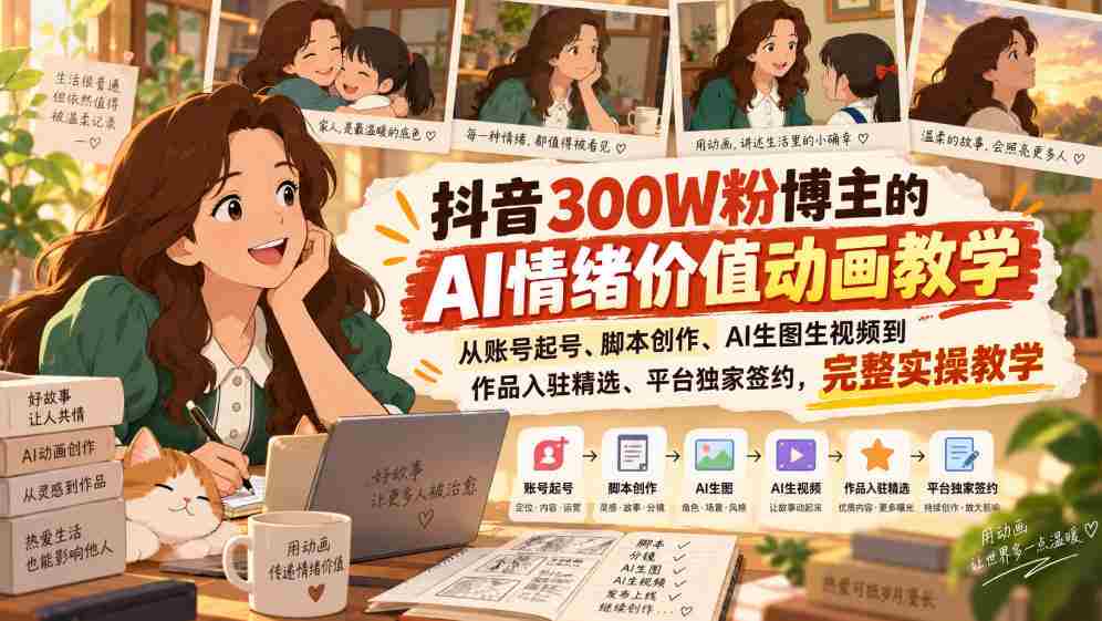 抖音300W粉博主的AI情绪价值动画教学,从账号起号、脚本创作、AI生图生视频到作品入驻精选、平台独家签约,完整实操