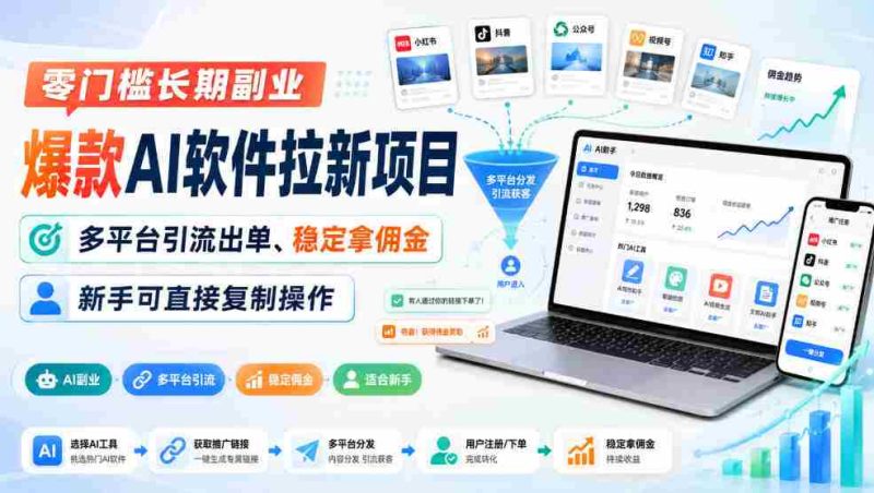 零门槛长期副业,爆款AI软件拉新项目,多平台引流出单、稳定拿佣金,新手可直接复制操作-湘创网