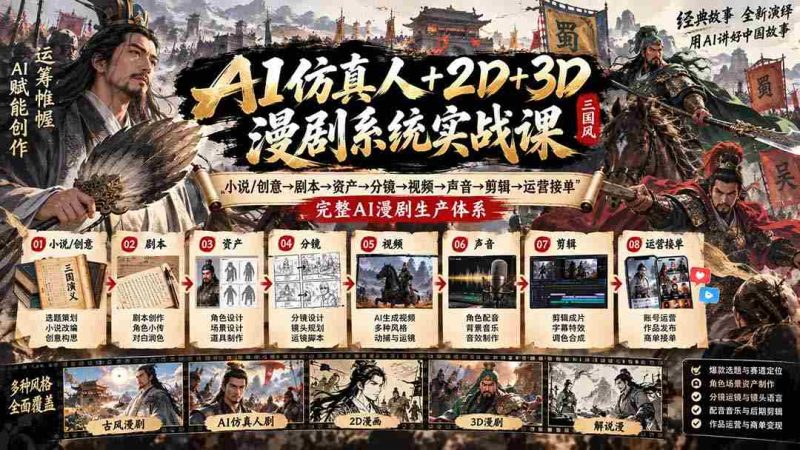 从小说创意到运营接单，AI全链路漫剧制作课程：2D、3D技术融合，打造一站式AI仿真人漫剧制作系统-湘创网