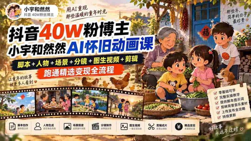 抖音40W粉博主小宇和然然AI怀旧动画课|脚本+人物+场景+分镜+图生视频+剪辑,跑通精选变现全流程-湘创网