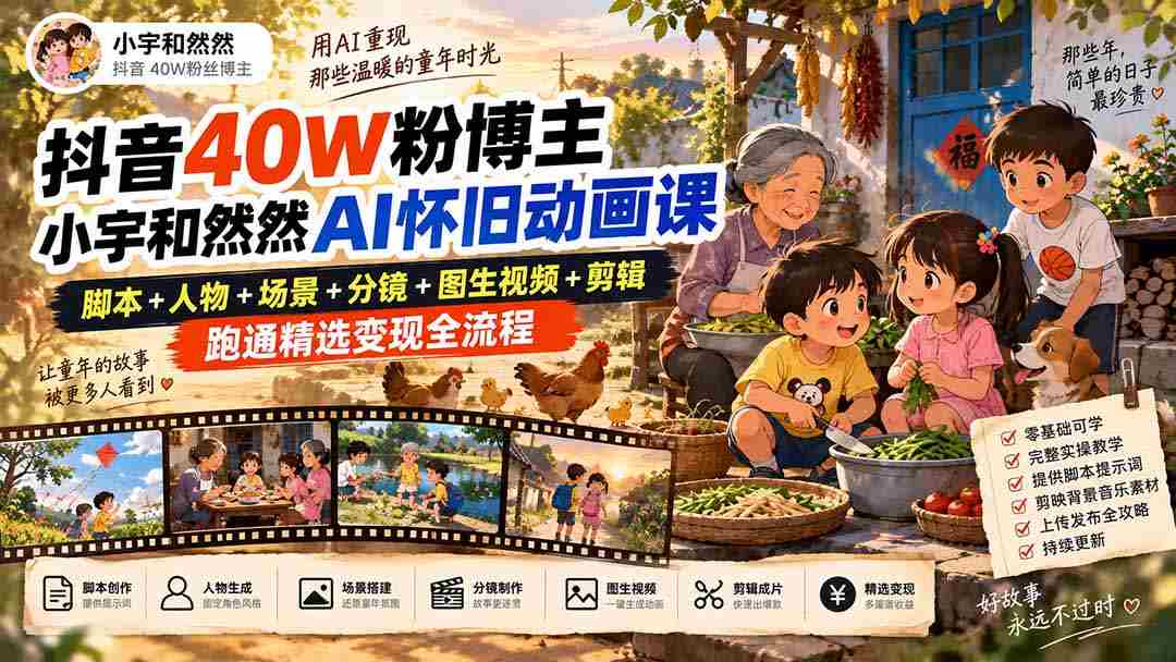抖音40W粉博主小宇和然然AI怀旧动画课｜脚本+人物+场景+分镜+图生视频+剪辑，跑通精选变现全流程-湘创网