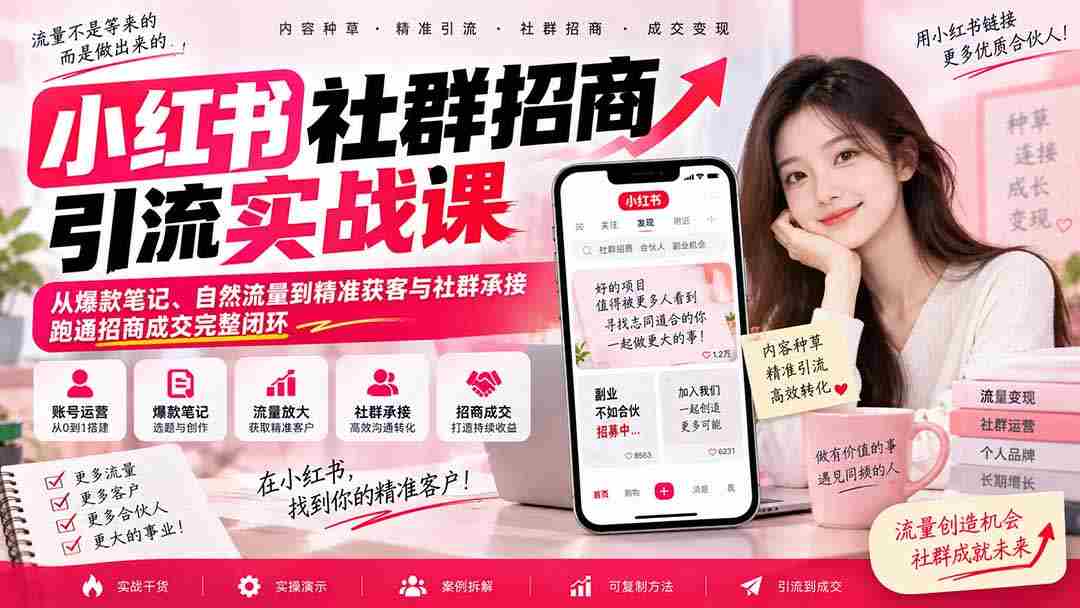 揭秘小红书社群营销全攻略：零水印课程带你玩转爆款笔记，实现自然引流与精准客户获取，打造招商成交闭环-湘创网