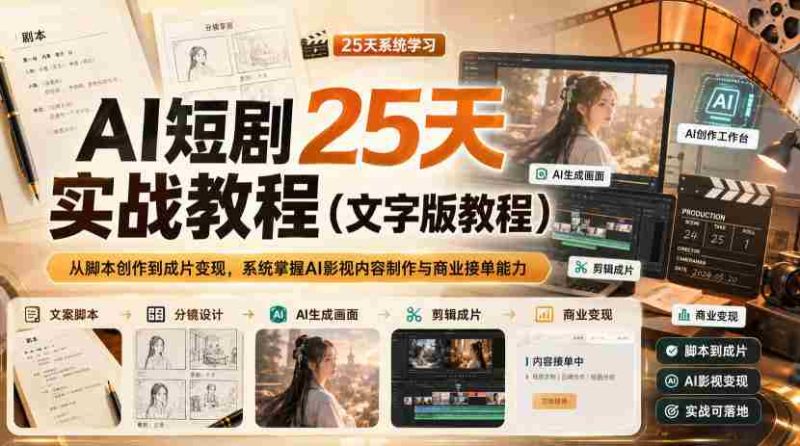 AI短剧25天实战教程(文字版教程),从脚本创作到成片变现,系统掌握AI影视内容制作与商业接单能力-湘创网