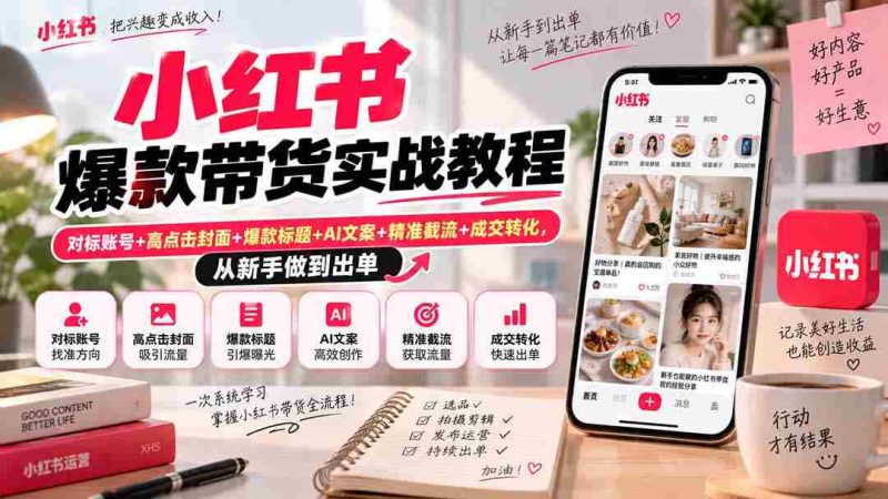 小红书爆款带货实战教程|对标账号+高点击封面+爆款标题+AI文案+精准截流+成交转化,从新手做到出单-湘创网