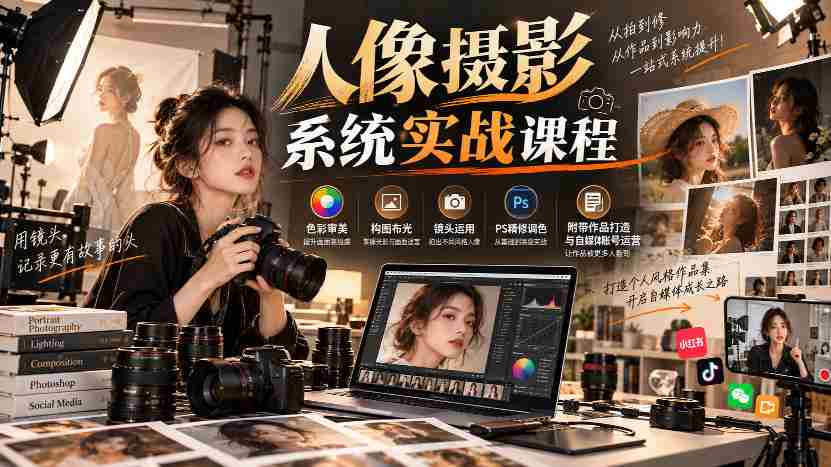 【无水印】人像摄影系统实战课程,色彩审美、构图布光、镜头运用、PS精修调色,附带作品打造与自媒体账号运营
