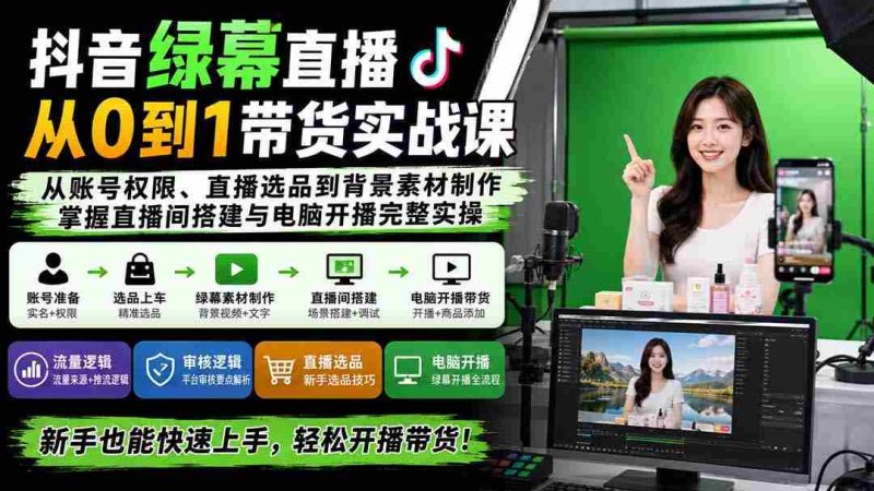 （20224期）抖音绿幕直播从0到1带货实战课：从账号权限、直播选品到背景素材制作，掌握直播间搭建与电脑开播完整实操-湘创网