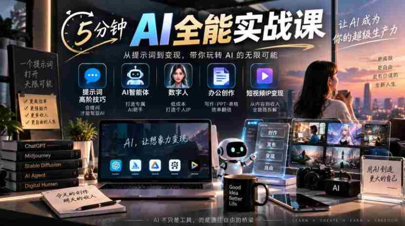 5分钟AI全能实战课｜提示词高阶技巧+AI智能体+数字人+办公创作+短视频IP变现全教程-湘创网