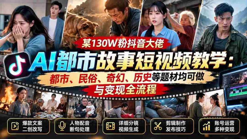 某130W粉抖音大佬AI都市故事短视频教学：都市、民俗、奇幻、历史等题材均可做与变现全流程-湘创网