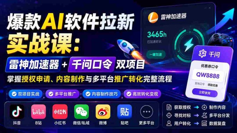 (20230期)爆款AI软件拉新实战课:雷神加速器+千问口令双项目,掌握授权申请、内容制作与多平台推广转化完整流程-湘创网