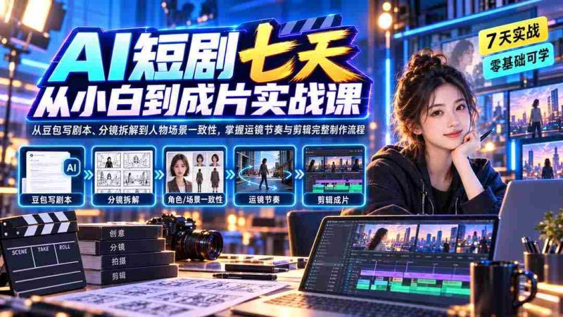 （20329期）AI短剧七天从小白到成片实战课：从豆包写剧本、分镜拆解到人物场景一致性，掌握运镜节奏与剪辑完整制作流程-湘创网