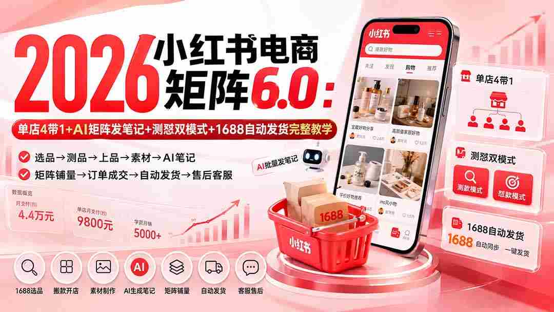（20310期）2026小红书电商矩阵6.0：单店4带1+AI矩阵发笔记+测怼双模式+1688自动发货完整教学-湘创网