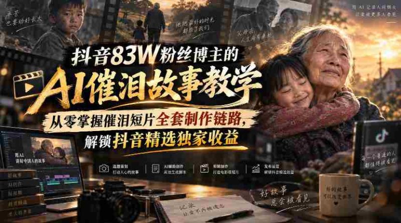 抖音83W粉丝博主的AI催泪故事教学,从零掌握催泪短片全套制作链路,解锁抖音精选独家收益-湘创网