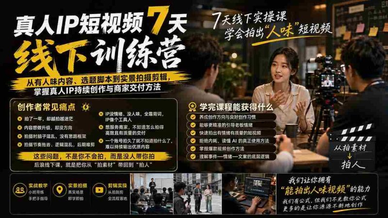 (20278期)真人IP短视频7天训练营-更新:从有人味内容、选题脚本到实景拍摄剪辑,掌握真人IP持续创作与商家交付方法-湘创网