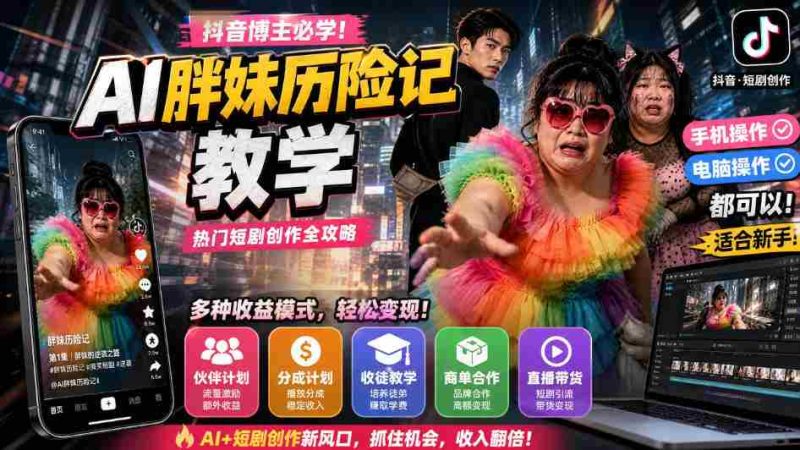 抖音博主的AI胖妹历险记教学,伙伴计划+分成计划+收徒+商单等多种收益,适合新手,手机电脑都可以操作-湘创网