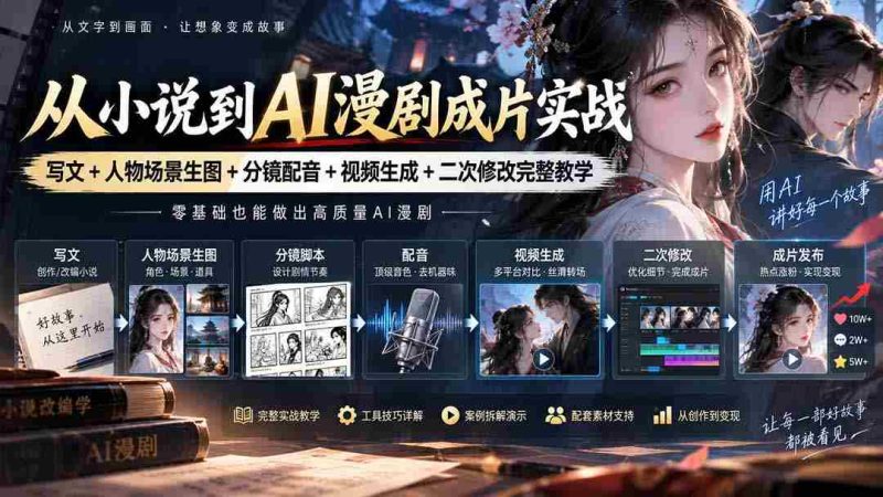 从小说到AI漫剧成片实战:写文+人物场景生图+分镜配音+视频生成+二次修改完整教学-湘创网