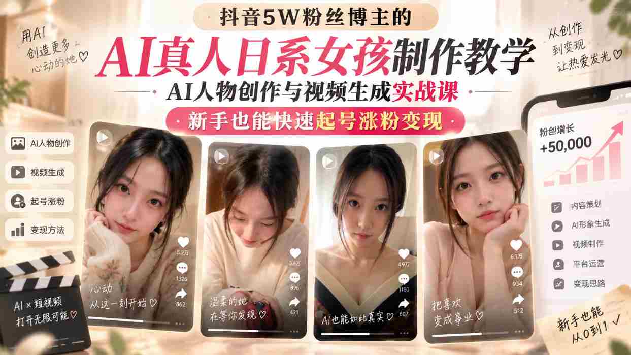抖音5W粉丝博主的AI真人日系女孩制作教学,AI人物创作与视频生成实战课,新手也能快速起号涨粉变现