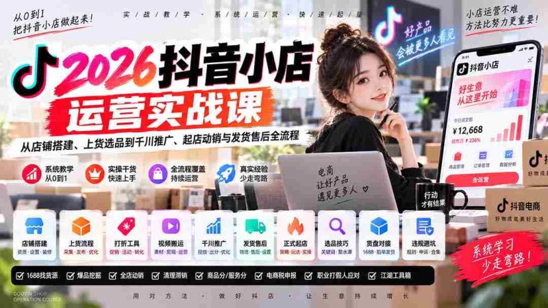 2026抖音小店运营实战课|从店铺搭建、上货选品到千川推广、起店动销与发货售后全流程-湘创网