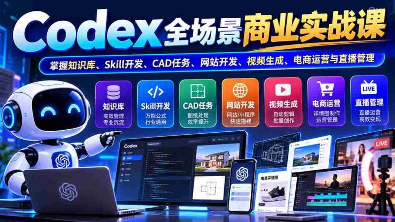 零水印-Codex全方位商业实战教程:精通知识库构建、Skill技能开发、CAD作业处理、网站构建、视频制作、电商运营及直播管控-湘创网