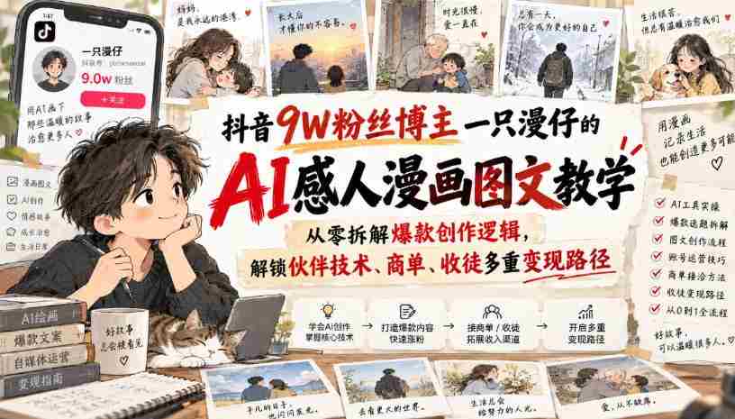 抖音9W粉丝博主一只漫仔的AI感人漫画图文教学,从零拆解爆款创作逻辑,解锁伙伴技术、商单、收徒多重变现路径