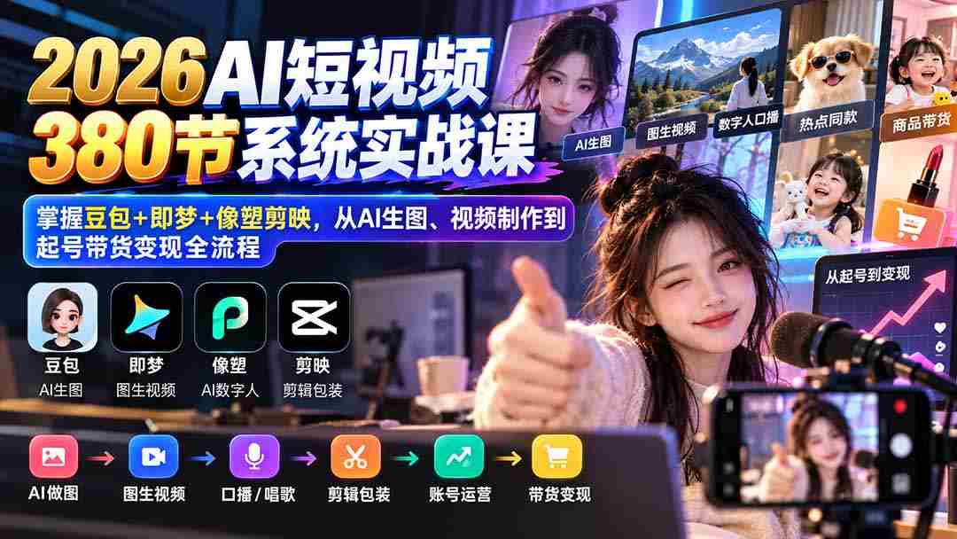高清无码】2026年度AI短视频课程全集：豆包、即梦、像塑剪映一网打尽，AI绘图、视频制作到账号运营、带货盈利一站式教学-湘创网