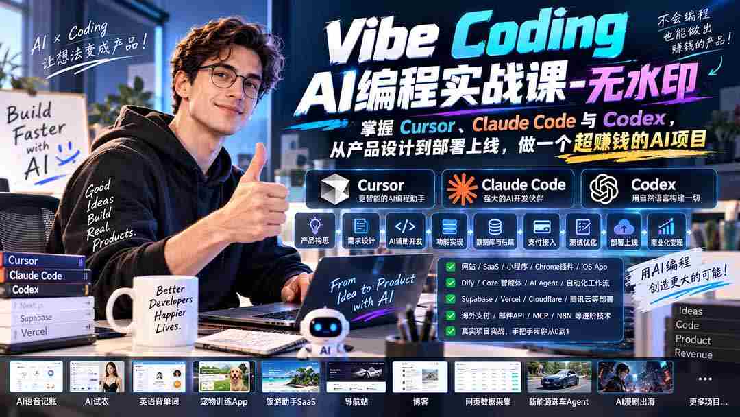 Vibe Coding AI编程实战课-无水印：掌握Cursor、Claude Code与Codex，从产品设计到部署上线，做一个超赚钱的AI项目-湘创网