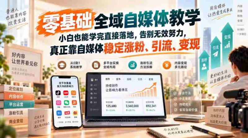 零基础全域自媒体教学,小白也能学完直接落地,告别无效努力,真正靠自媒体稳定涨粉、引流、变现-湘创网