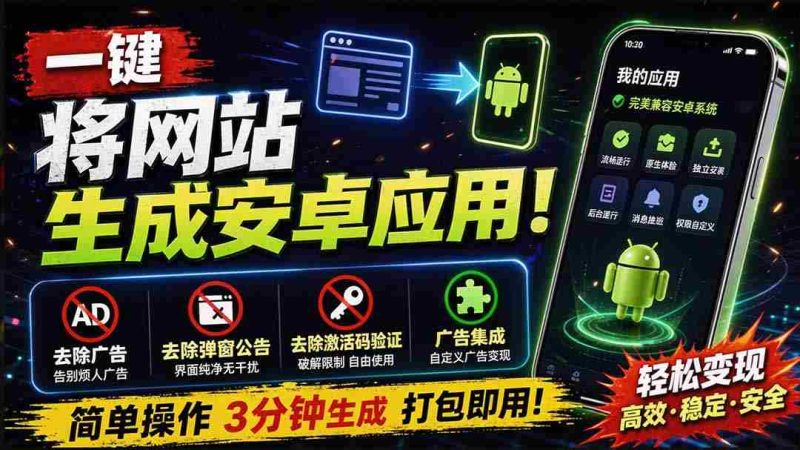 （20305期）目前最好用，一键将网站生成安卓应用！支持去除广告、弹窗公告、激活码验证、广告集成等 web-to-app-湘创网