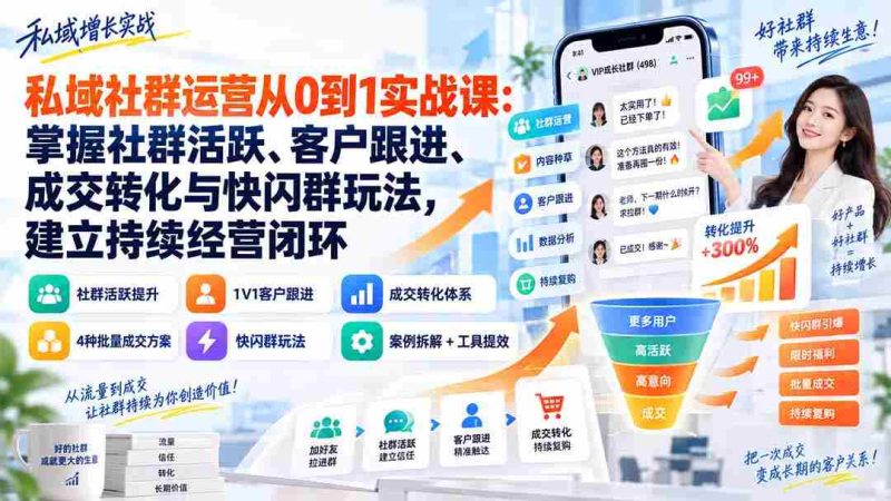 私域社群运营从0到1实战课:掌握社群活跃、客户跟进、成交转化与快闪群玩法,建立持续经营闭环-湘创网