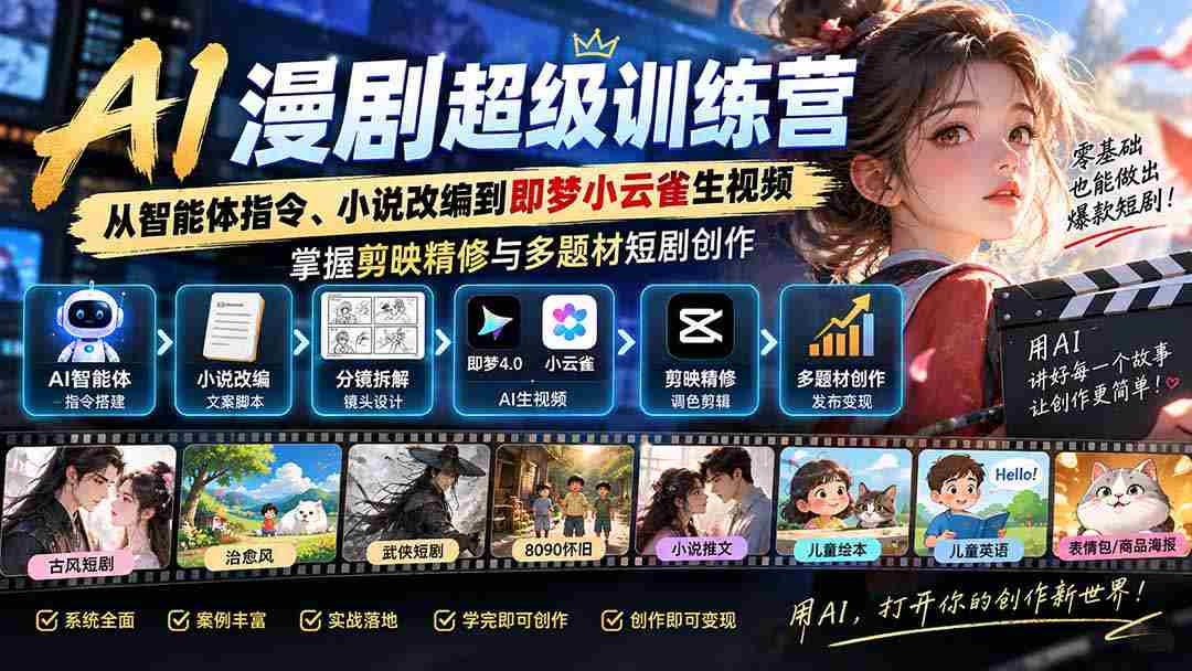 AI漫剧超级特训营：从智能体指令、小说改编到即梦小云雀生视频，掌握剪映精修与多题材短剧创作-湘创网