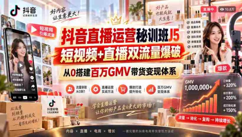 抖音直播运营秘训班J5|短视频+直播双流量爆破,从0搭建百万GMV带货变现体系-湘创网