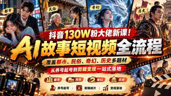 揭秘抖音百万粉丝达人全新课程：全方位AI短视频制作攻略，涵盖城市、民间、魔幻、历史等多种题材，从账号运营到视频剪辑、收益变现一网打尽-湘创网