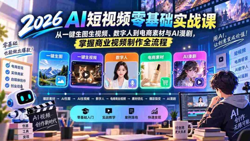 (20263期)2026AI短视频零基础实战课:从一键生图生视频、数字人到电商素材与AI漫剧,掌握商业视频制作全流程-湘创网