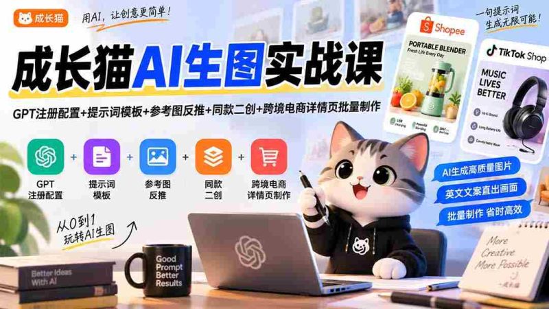 成长猫AI生图实战课|GPT注册配置+提示词模板+参考图反推+同款二创+跨境电商详情页批量制作-湘创网
